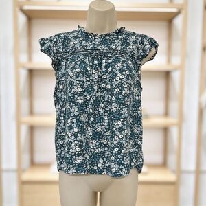 LOFT Mixed Media Floral Flutter Sleeve Blouse Ruffle Neck Top SP